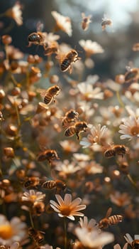 A group of pollinator insects, including bees, are buzzing over a colorful field of daisies. The vibrant flowers stand out against the green grass and soil, creating a beautiful and intricate pattern