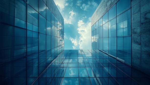 A blue sky with clouds and two tall buildings with glass windows by AI generated image.