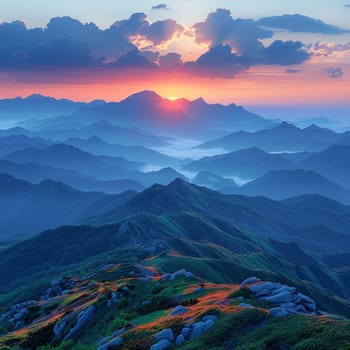 Layers of mountain ranges at sunset, offering a serene and majestic landscape.