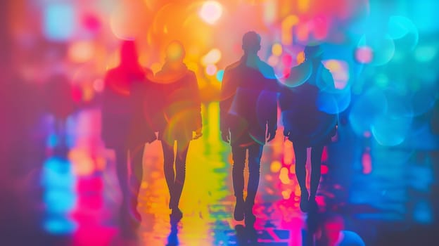A group of people walking down a street with colorful lights