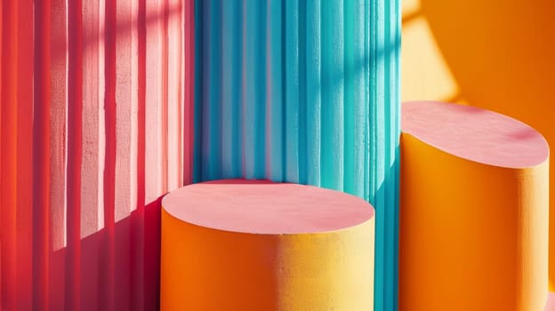 A close up of a colorful wall with three different colored pillars