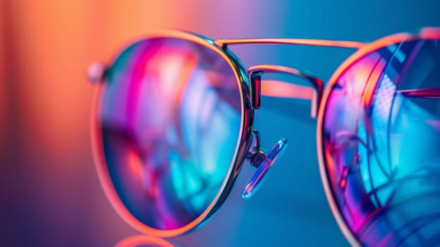 A close up of a pair of sunglasses with colorful reflections