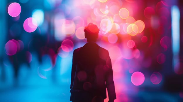 A person walking down a street with colorful lights in the background