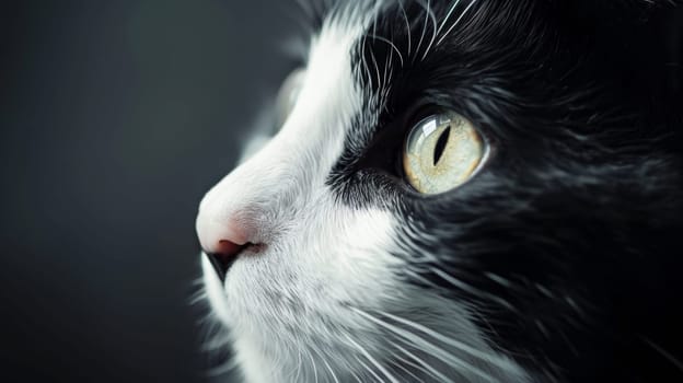 A close up of a black and white cat staring at something