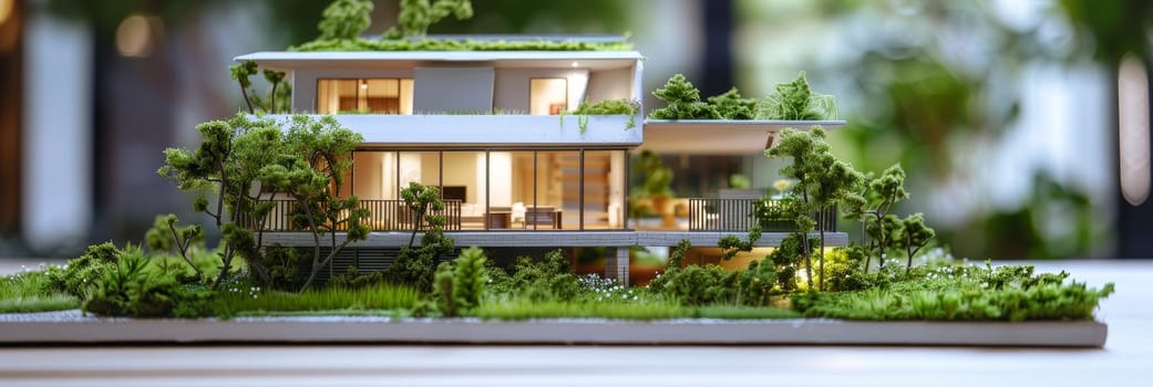 A model of a house with a green roof and a garden on the roof by AI generated image.