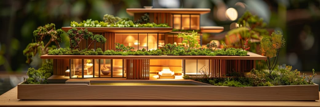 A model of a house with a green roof and a garden on the roof by AI generated image.