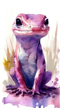 A pink amphibian, resembling a frog, sits on a white surface in an electric blue and magenta watercolor painting. The terrestrial animal is depicted in an artistic illustration, surrounded by liquid