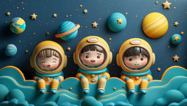 Three little girls in space suits are sitting on a blue cloud by AI generated image.