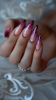 Closeup of a womans hand showcasing long nails adorned with a ring. The manicured nails and elegant gesture emphasize nail care and beauty