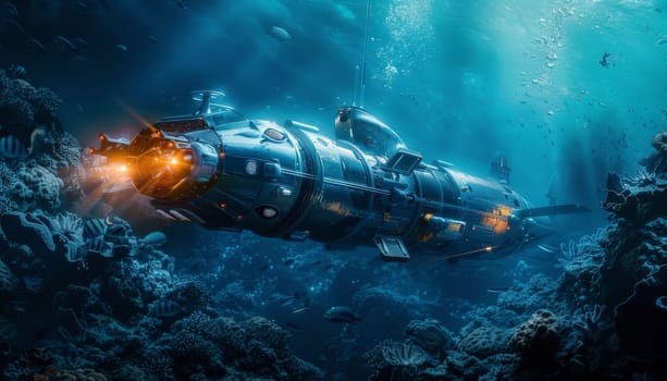 A submarine is floating in the ocean with a bright orange color by AI generated image.