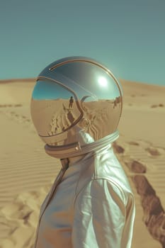 An astronaut wearing a helmet is playing a musical instrument in the desert, surrounded by the stunning landscape of Aeolian landforms and sandy ergs under a clear blue sky