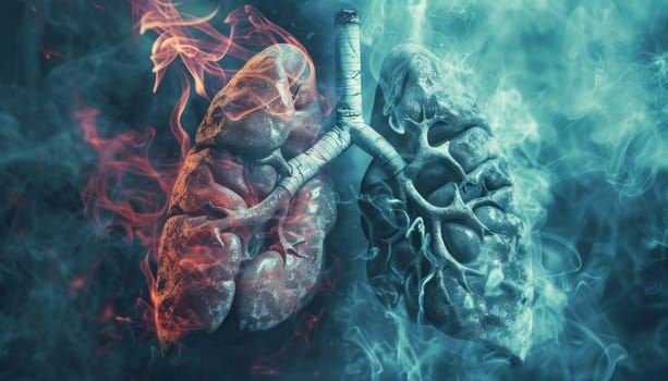 A graphic of a lung with smoke coming out of it by AI generated image.