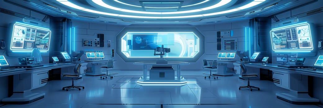 A futuristic room with a large monitor and several computers by AI generated image.