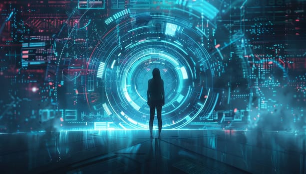 A woman stands in front of a large, glowing circle by AI generated image.