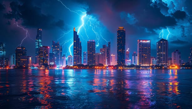 A city skyline is lit up with neon lights and the sky is filled with lightning by AI generated image.