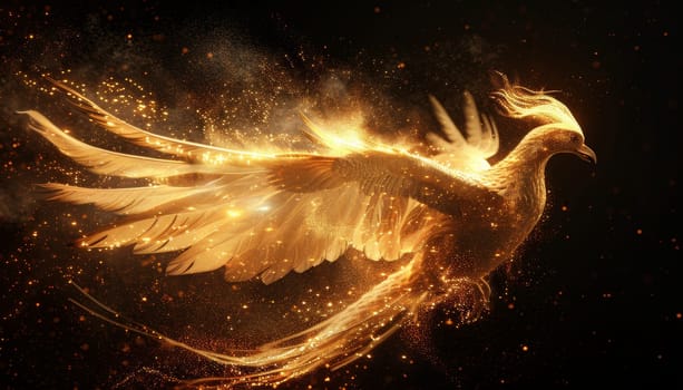 A golden bird with its wings spread out, flying through a dark sky by AI generated image.
