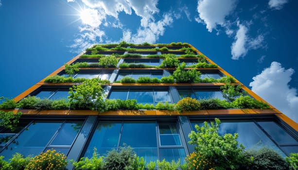 A tall building with a green roof and lots of windows by AI generated image.