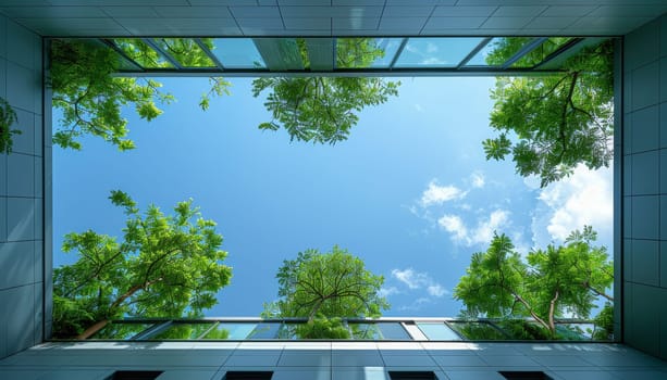 A view of the sky with trees and a blue sky by AI generated image.