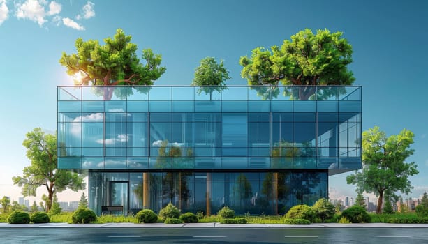 A tall building with a lot of windows and trees in the background by AI generated image.