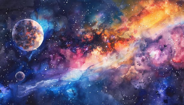 A painting of a colorful galaxy with a large planet in the center by AI generated image.