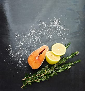 Organic, healthy and food with salmon, lemon and rosemary in kitchen or studio. Nutrition, eating and recipe for wellness, health and cuisine in fresh, ingredients for cooking or meal from above.