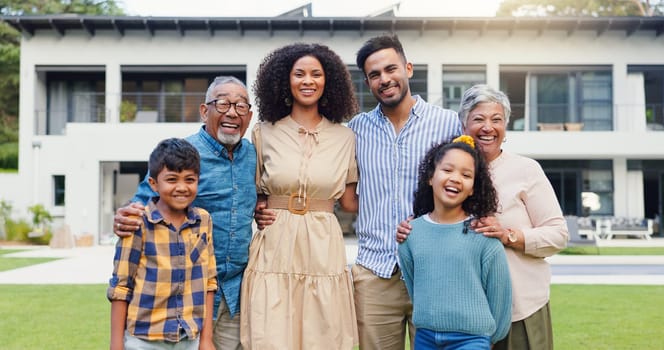 Happy family, face and outdoor on lawn of new mansion, property investment and pride for real estate. Parents, kids or smile in portrait for moving or purchase of luxury home by green garden or pool.