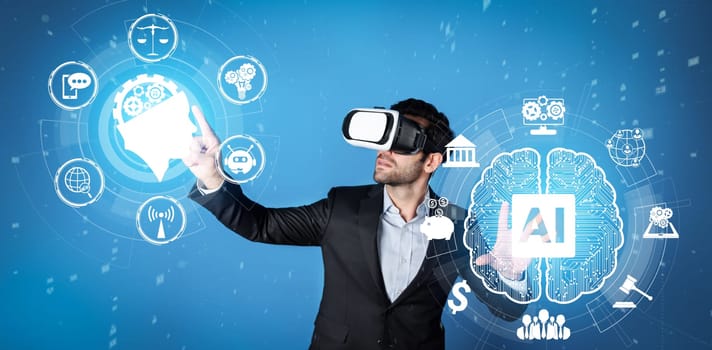 Caucasian business man using chat bot to support and assistant performance. Skilled investor using VR goggle while connecting in metaverse and visual reality world. Technology innovation. Deviation.