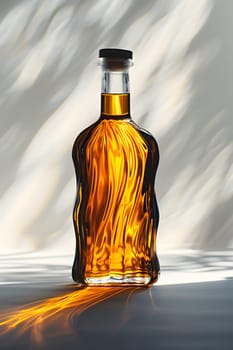 An amber fluid in a glass bottle, sitting on a table. The bottle contains a drink of alcoholic beverage, emitting tints and shades of the liquid inside