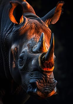 A detailed painting of a rhinoceross face captures its textured jawline, wrinkled snout, and majestic horn in electric blue hues against a dark background