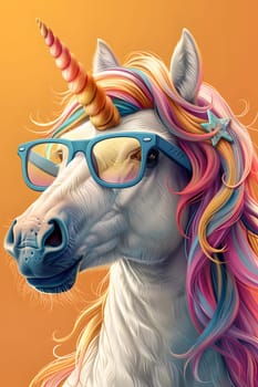 A mythical creature with a rainbow mane and horn, wearing sunglasses like a boss. Its head is adorned with colorful art, with eyelashes fluttering over its snout