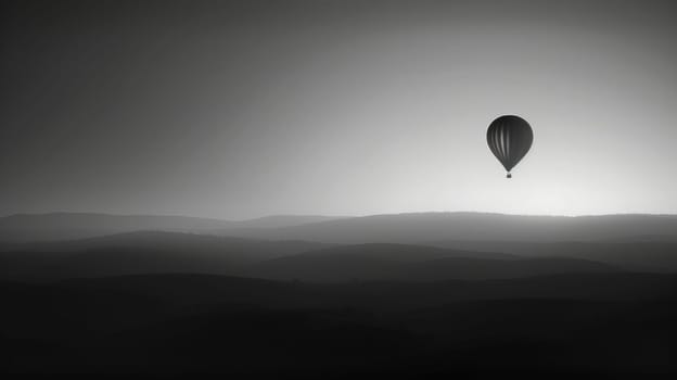A hot air balloon is floating in the sky above a vast, empty field.
