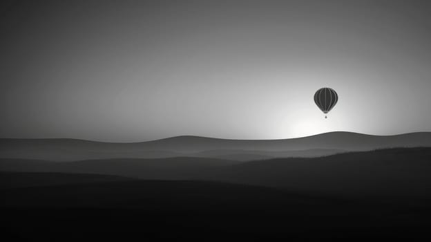 A hot air balloon is floating in the sky above a vast, empty field. The sky is dark and the sun is setting, casting a warm glow over the landscape. The balloon is the only object in the scene