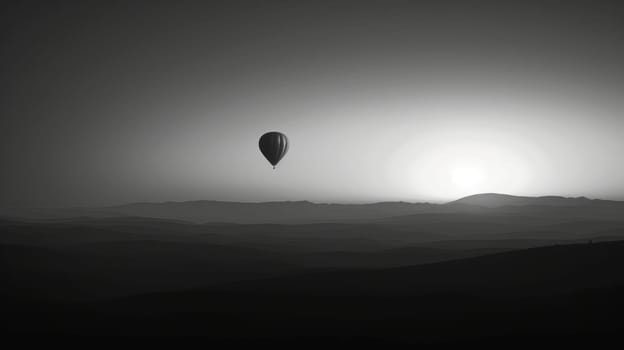 A hot air balloon is floating in the sky above a vast, empty field.