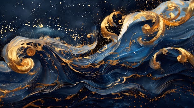 A fluid painting of electric blue and gold swirls on a dark blue background, depicting a wind wave in liquid form. Stunning visual arts pattern