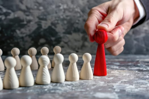 A hand is holding a red piece of wood that is on top of a line of white pieces.