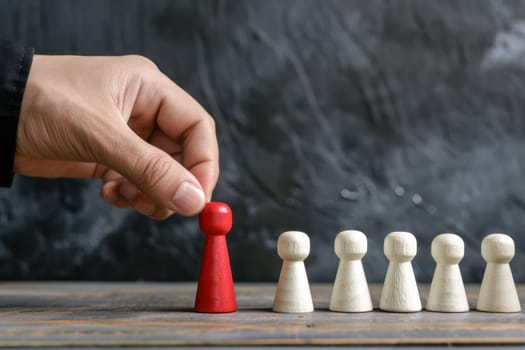 A hand is holding a red piece of wood that is on top of a line of white pieces.