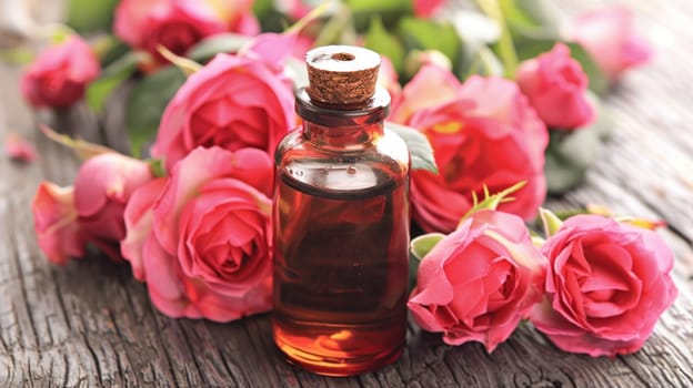 A bottle of rose oil is on a wooden table next to a bunch of roses. The bottle is half full and the roses are in full bloom. Concept of relaxation and tranquility