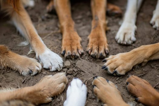 A photo of the paws of several dogs in the center, symbolizing teamwork.