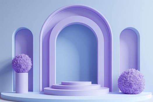 A blue and white room with a blue archway and a blue pedestal.