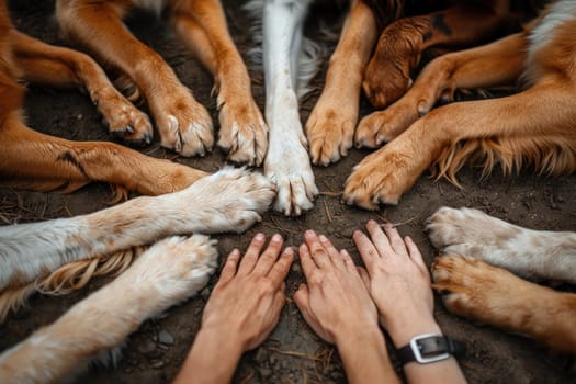 A group of dogs and people are laying on the ground with their paws touching each other. Concept of unity and companionship between the animals and humans