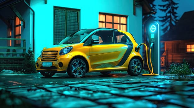 A yellow car is parked next to a charging station. The car is a small electric vehicle, and it is parked in front of a house. The image has a futuristic and modern feel to it, with the car