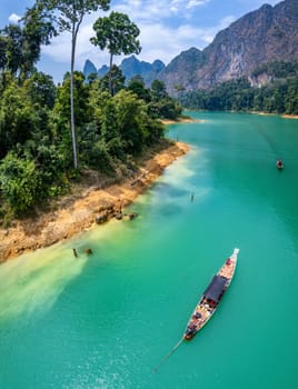 Encounter with a family of wild elephants in Khao Sok national park, on the Cheow lan lake in Surat Thani, Thailand, south east asia