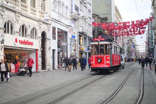 turkey Istanbul 12 may 2023. Nostalgic red tram in Taksim Square.