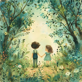 A boy and a girl are walking hand in hand through a lush green forest, surrounded by tall trees, beautiful plants, and vibrant natural landscapes