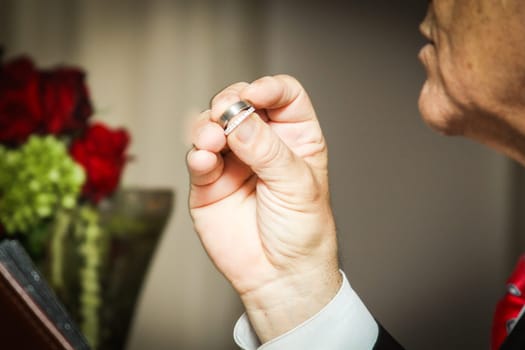 Officient holding wedding rings blessing them