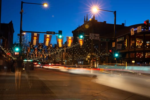 Downtown Denver at Dusk and speeding traffic