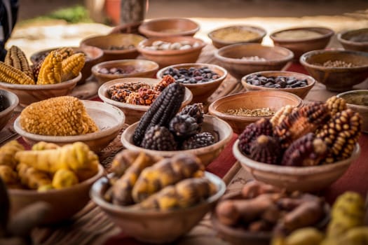Batches of Peruvian spices and corn to be used