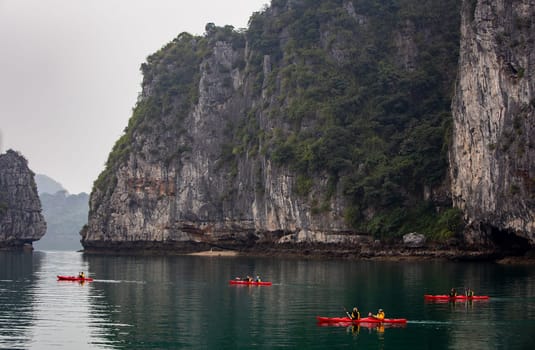 A bunch of Kayakers in Halong Bay, Vietnam Asia