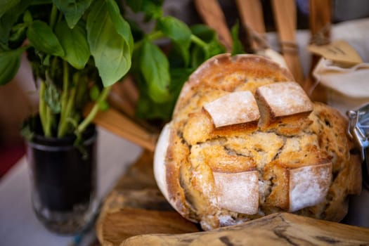 Homemade fresh sourdough bread on display