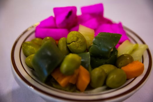 Pickled Olives and Veggies served as a side